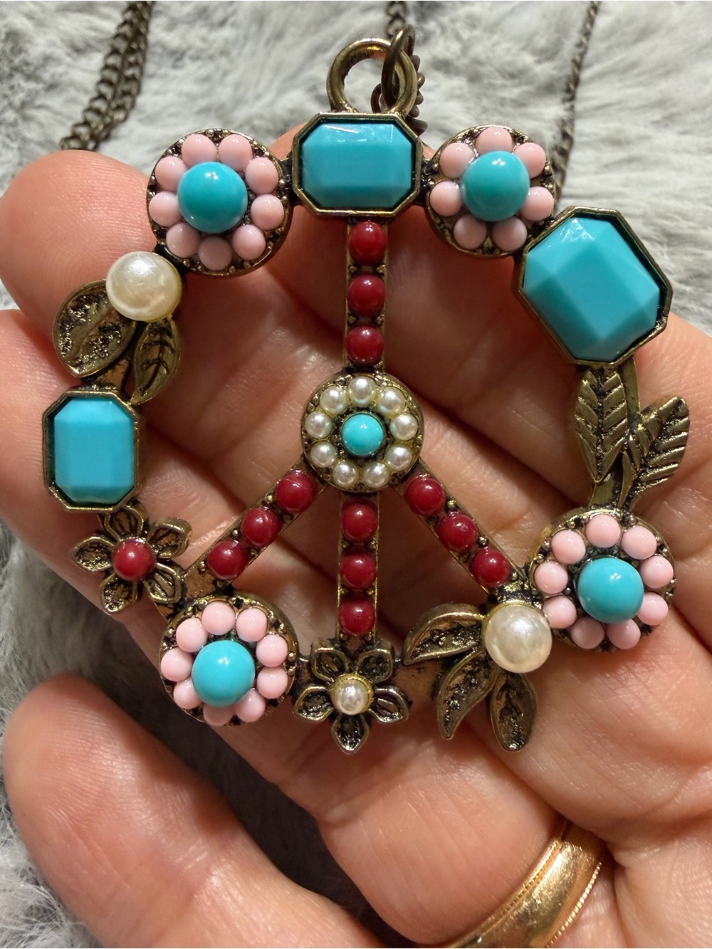 Boho Peace Sign Pendant Necklace in Turquoise & Pink - - Picture 5 of 9